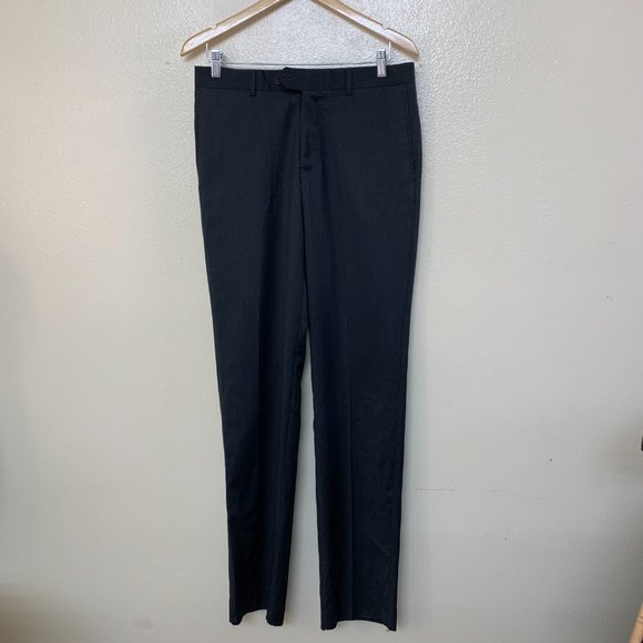 Nordstrom Men's Shop Flat Front Wool Trousers 32W Charcoal Raw Hem - Picture 3 of 11